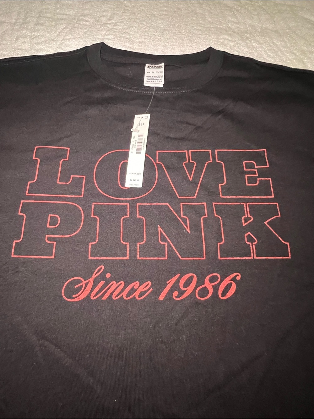NWT Victoria's Secret PINK Black Campus Cotton Tee Love Pink 1986 Small